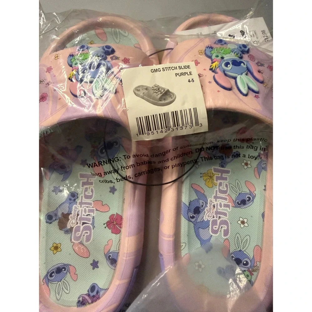 Disney‎ Stitch Purple Kids Slide Sandals 3D Bunny Ear Charm Ground Up Size 4-5